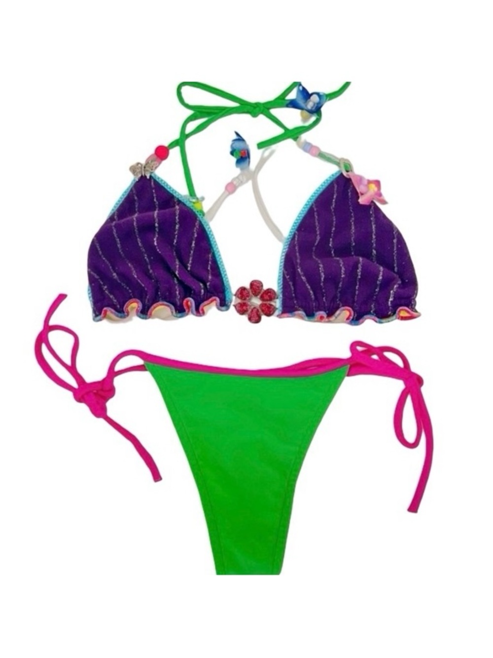Rare Y2K Mar Acuba Colorful Triangle Bikini Set Fairycore Coquette S